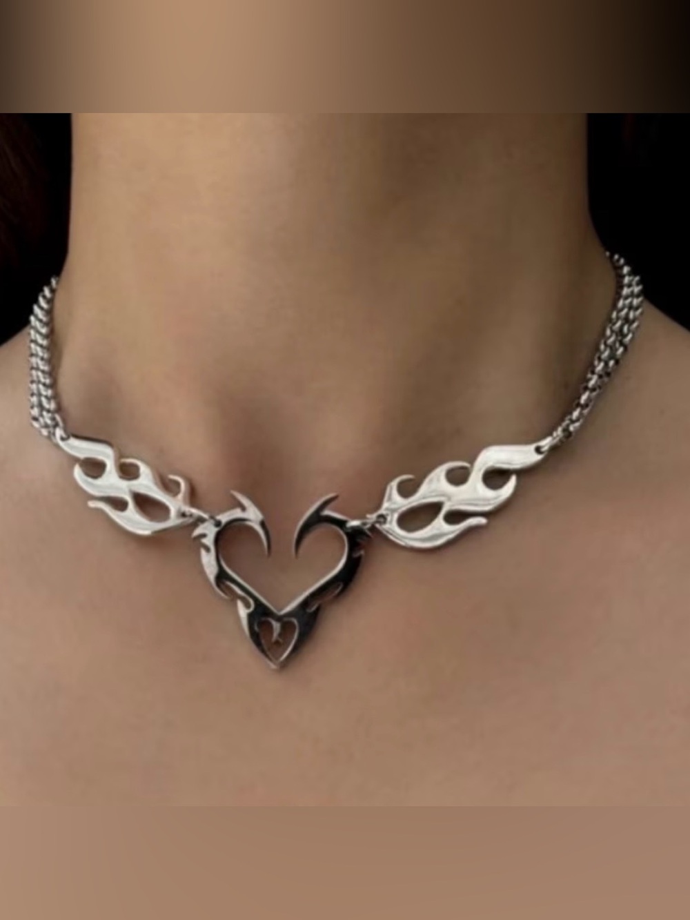 Flame Heart Choker Necklace in Silver Tone